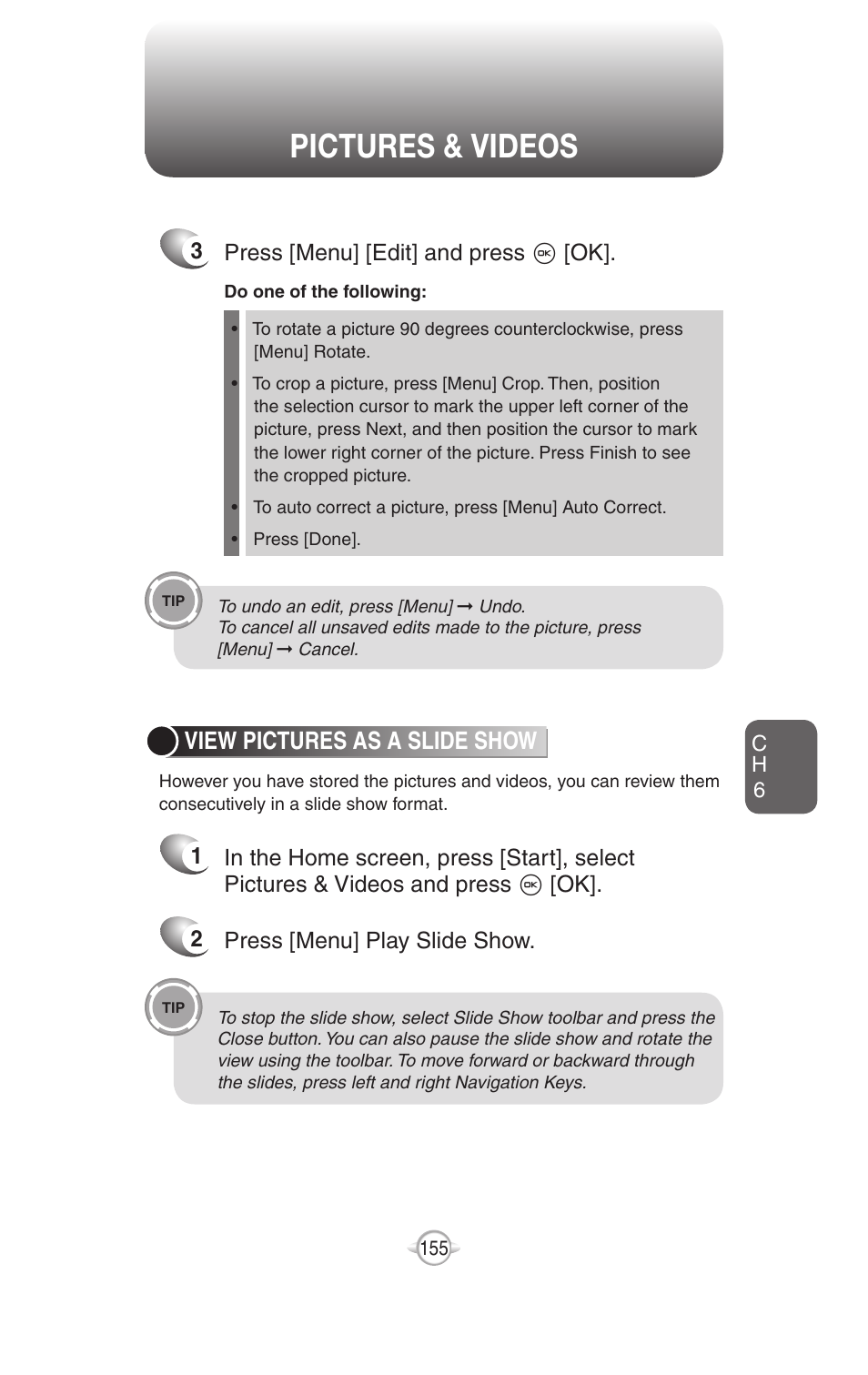 Pictures & videos, View pictures as a slide show, 3 press [menu] [edit] and press o [ok | UTStarcom PN-820 User Manual | Page 157 / 282