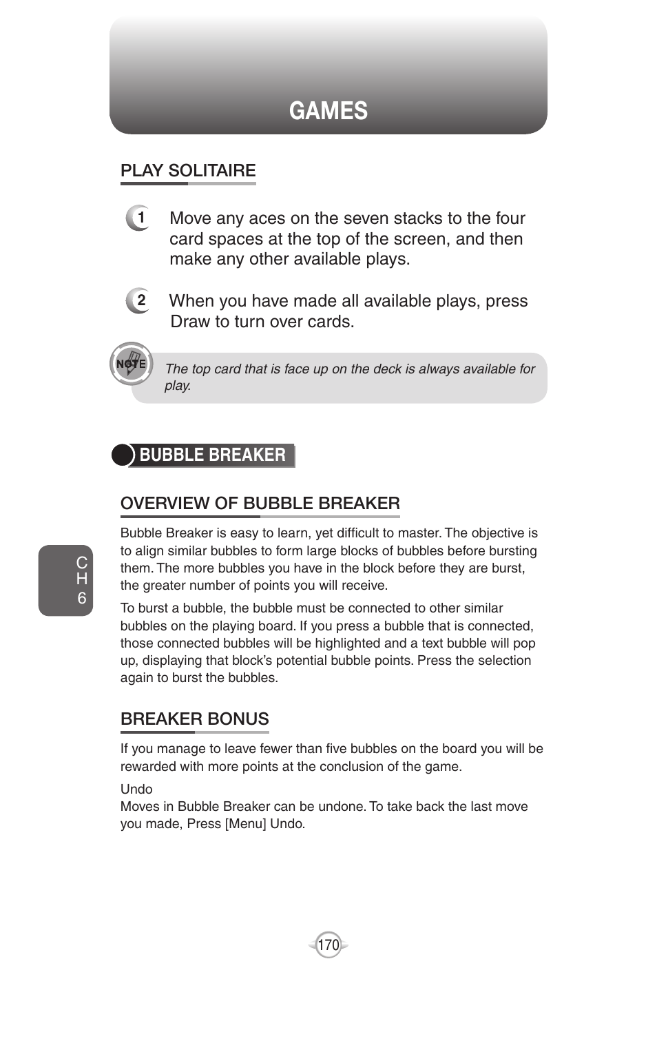 Games, Bubble breaker, Play solitaire | Overview of bubble breaker, Breaker bonus, Start bubble breaker | UTStarcom PN-820 User Manual | Page 172 / 282