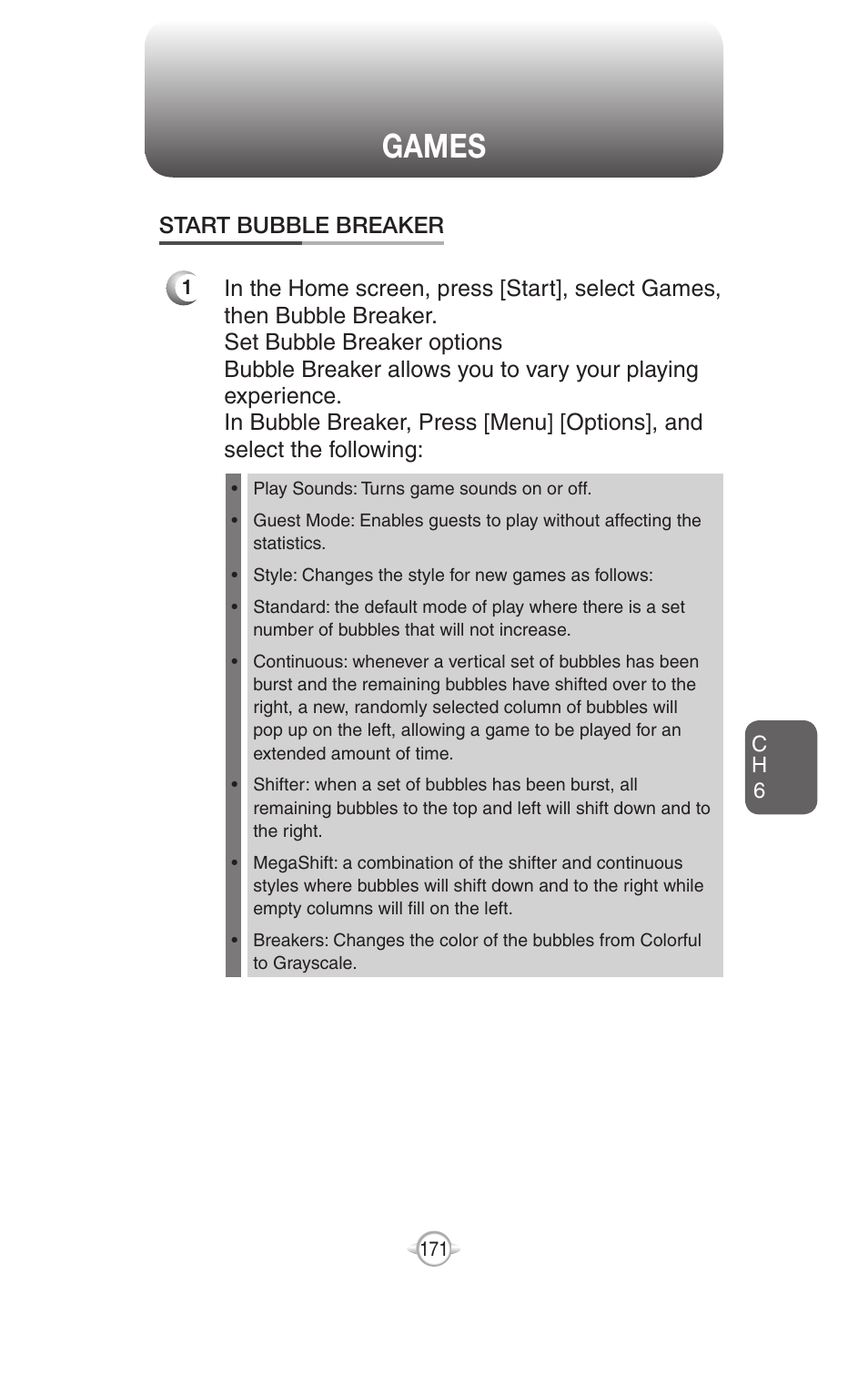 Games, Start bubble breaker | UTStarcom PN-820 User Manual | Page 173 / 282