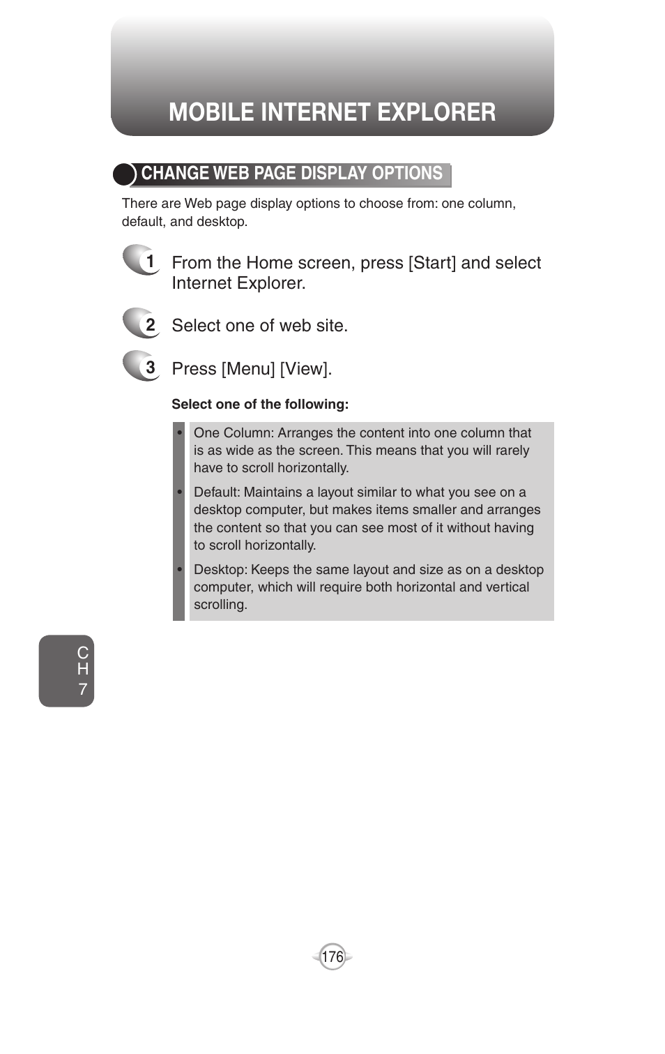 Mobile internet explorer, Change web page display options, Clear history, cookies, or temporary files | Create a new folder in favorites | UTStarcom PN-820 User Manual | Page 178 / 282