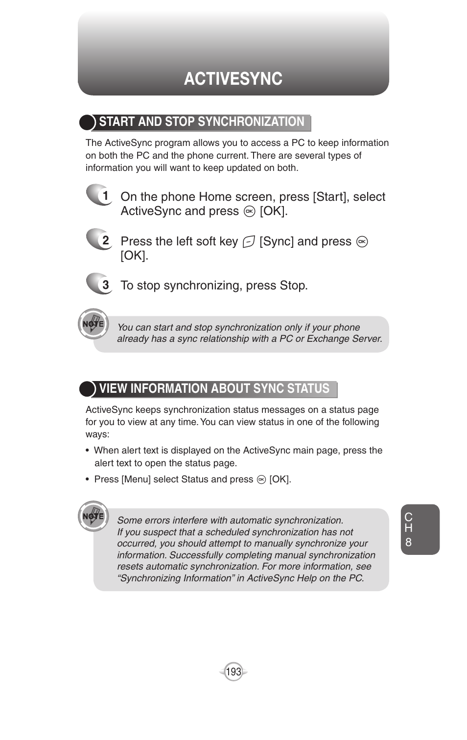 Activesync, Start and stop synchronization, View information about sync status | Change the synchronization schedule | UTStarcom PN-820 User Manual | Page 195 / 282