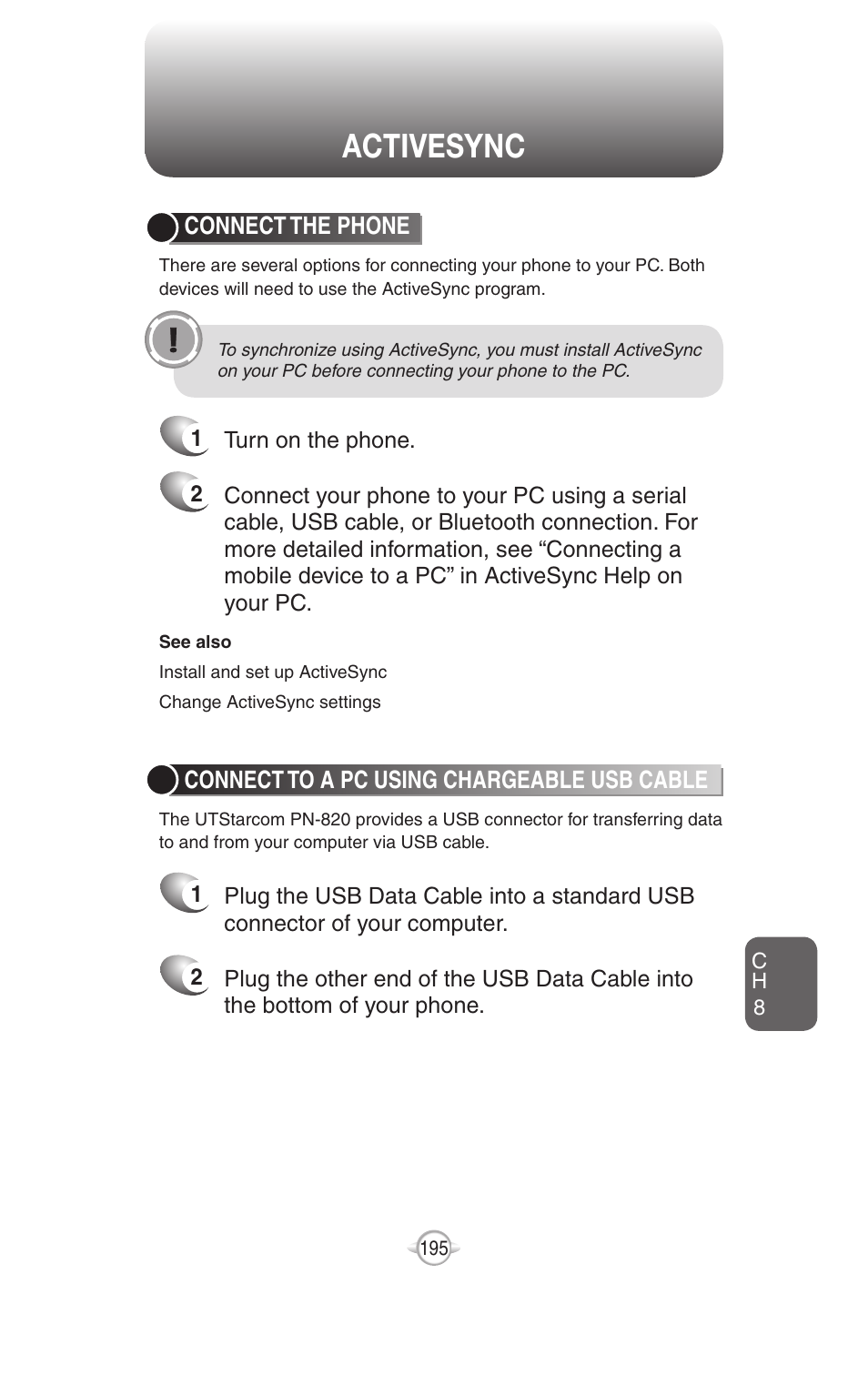 Activesync | UTStarcom PN-820 User Manual | Page 197 / 282