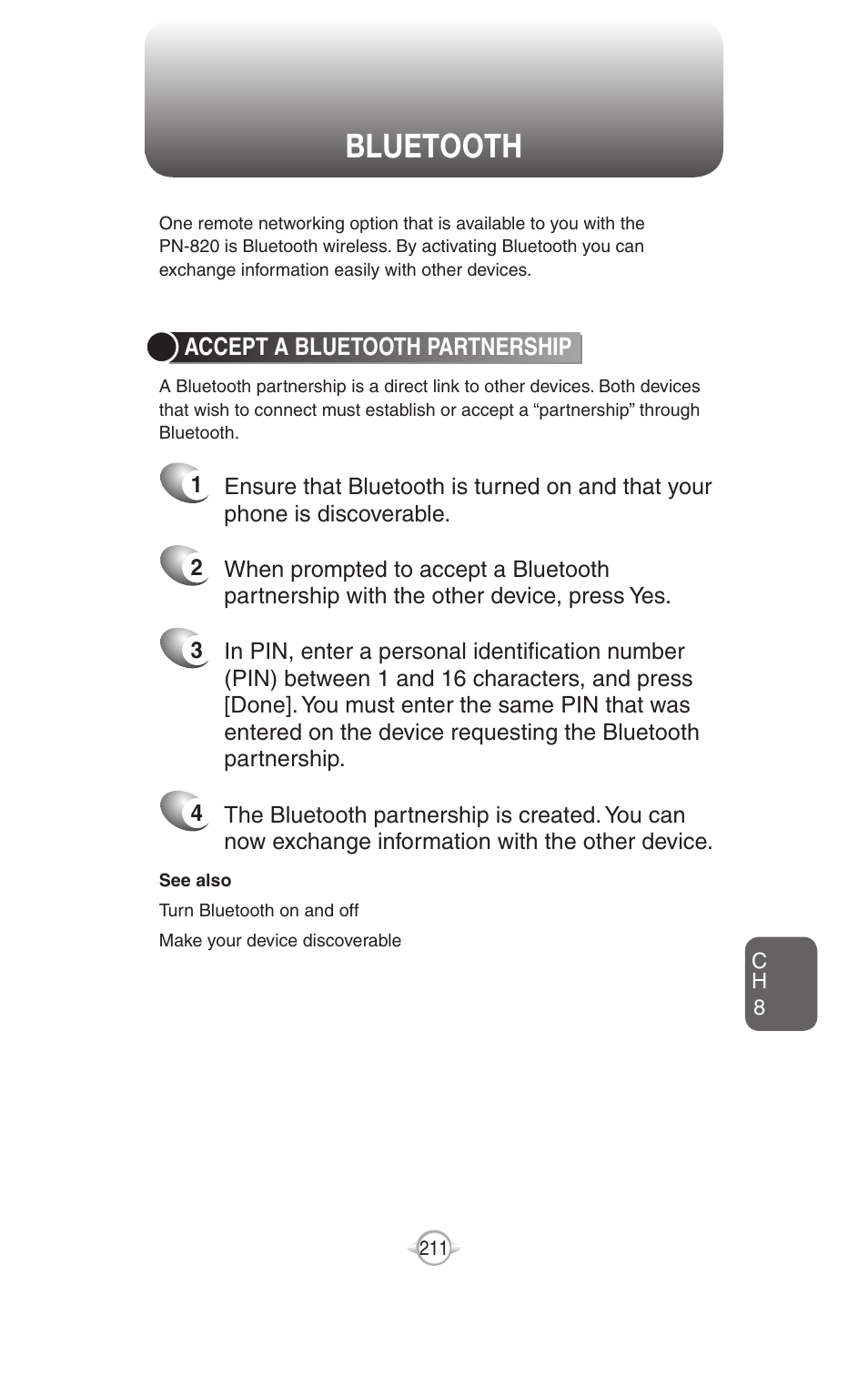 Bluetooth, Activesync troubleshooting, Accept a bluetooth partnership | UTStarcom PN-820 User Manual | Page 213 / 282