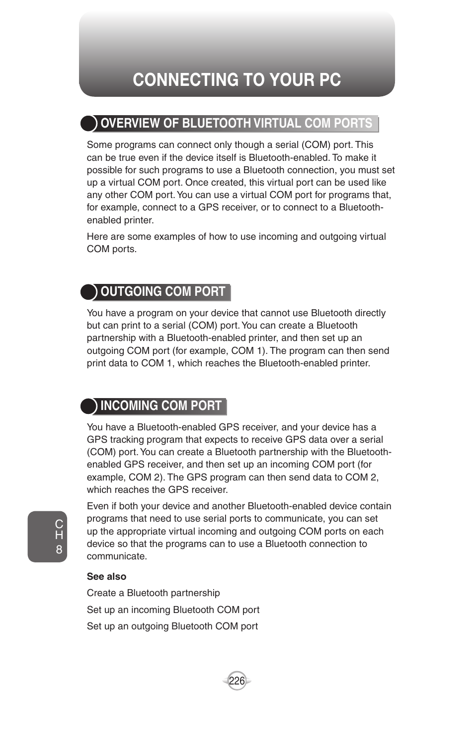 Connecting to your pc, Overview of bluetooth virtual com ports, Outgoing com port | Incoming com port, Set up an incoming bluetooth com port | UTStarcom PN-820 User Manual | Page 228 / 282