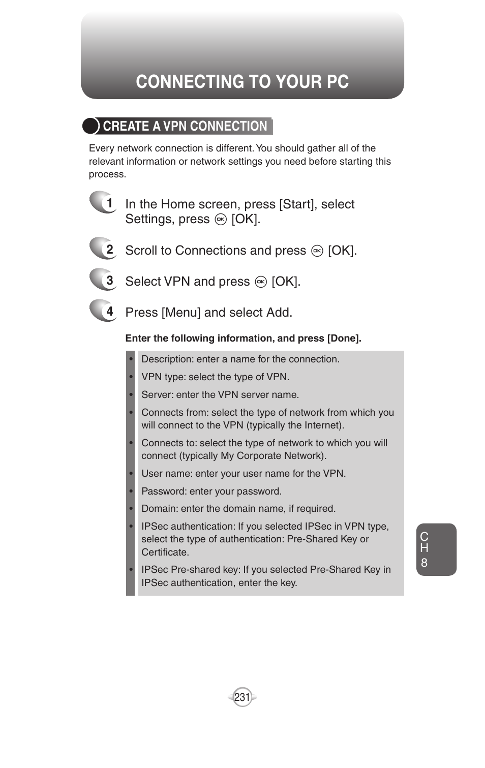 Connecting to your pc, Create a vpn connection | UTStarcom PN-820 User Manual | Page 233 / 282