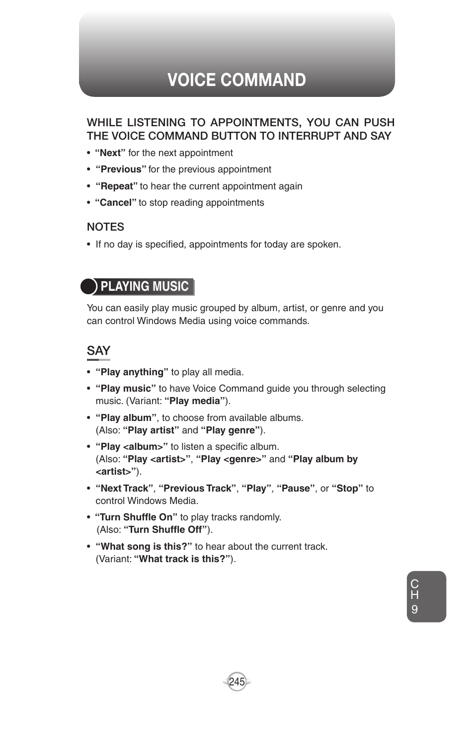 Voice command, Playing music | UTStarcom PN-820 User Manual | Page 247 / 282