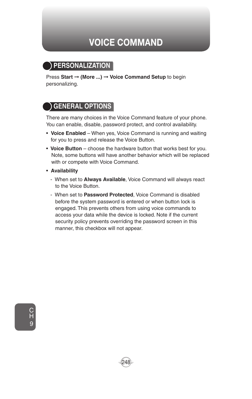 Voice command, Personalization, General options | UTStarcom PN-820 User Manual | Page 250 / 282