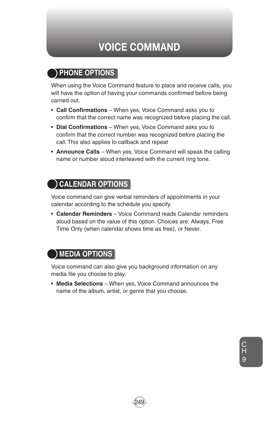 Voice command, Phone options, Calendar options | Media options | UTStarcom PN-820 User Manual | Page 251 / 282
