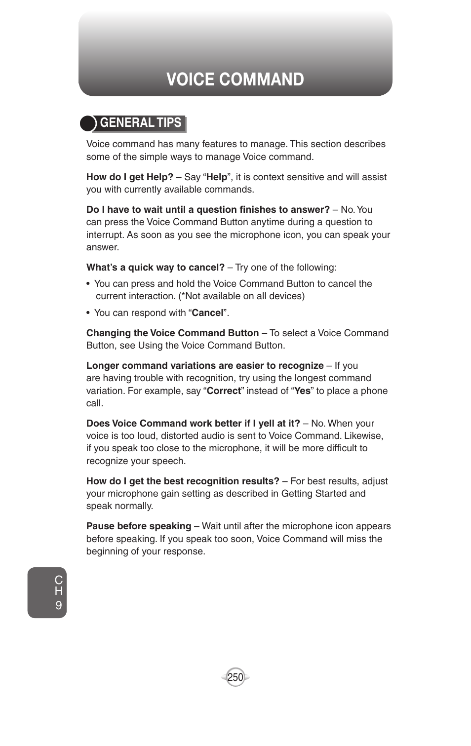 Voice command, General tips | UTStarcom PN-820 User Manual | Page 252 / 282