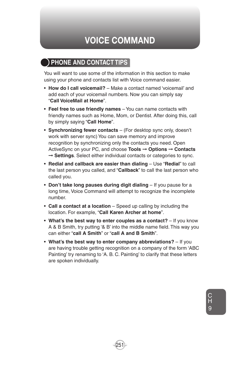 Voice command, Phone and contact tips | UTStarcom PN-820 User Manual | Page 253 / 282