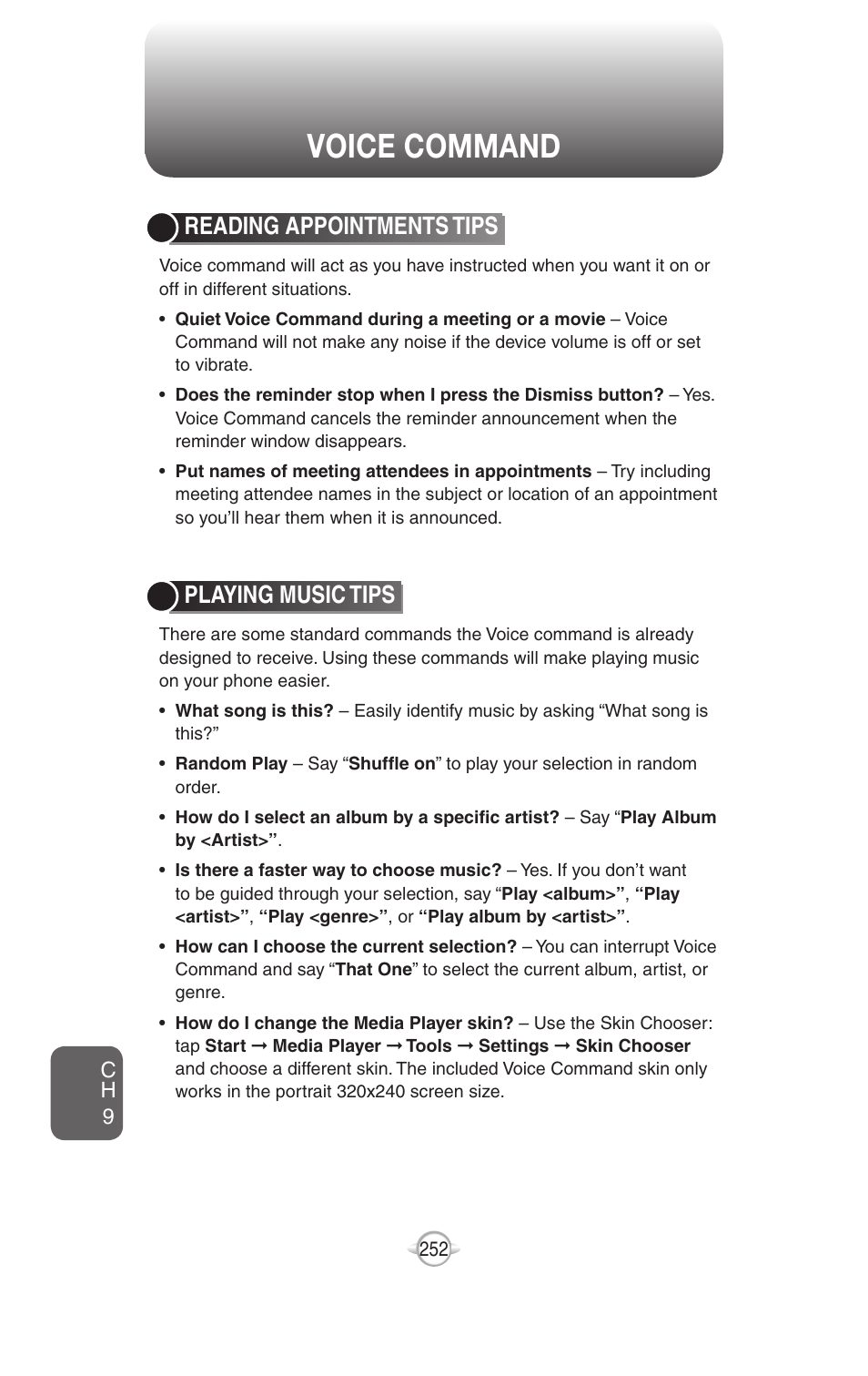 Voice command, Reading appointments tips, Playing music tips | UTStarcom PN-820 User Manual | Page 254 / 282