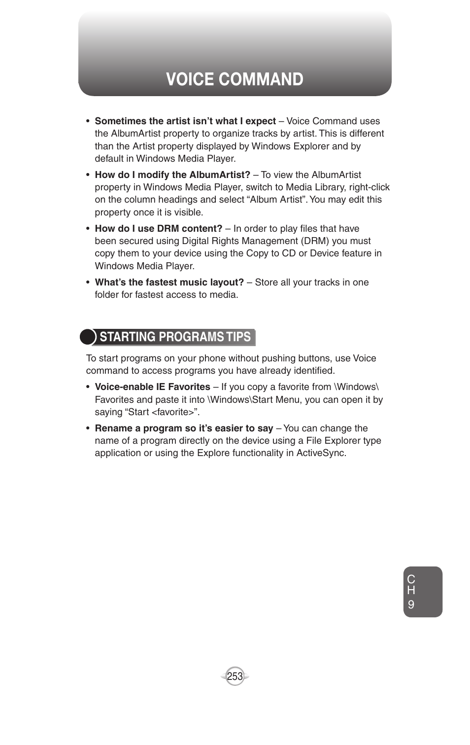 Voice command, Starting programs tips | UTStarcom PN-820 User Manual | Page 255 / 282