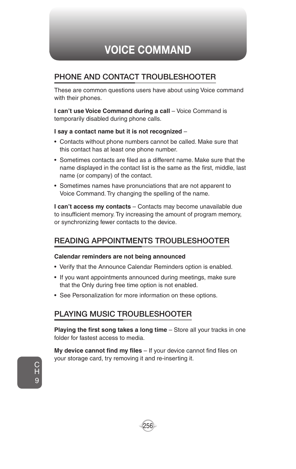 Voice command, Phone and contact troubleshooter, Reading appointments troubleshooter | Playing music troubleshooter | UTStarcom PN-820 User Manual | Page 258 / 282