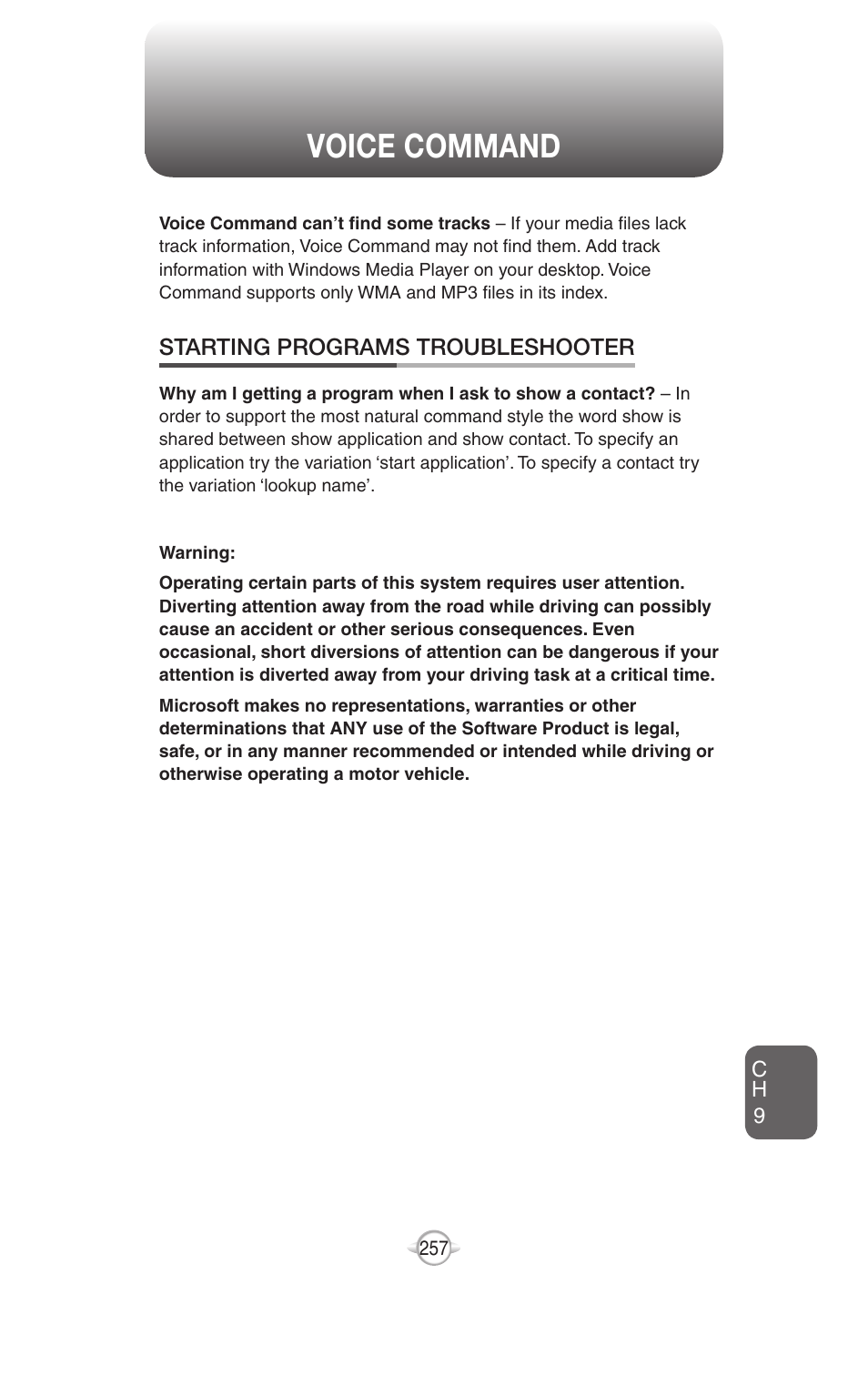 Voice command, Starting programs troubleshooter | UTStarcom PN-820 User Manual | Page 259 / 282