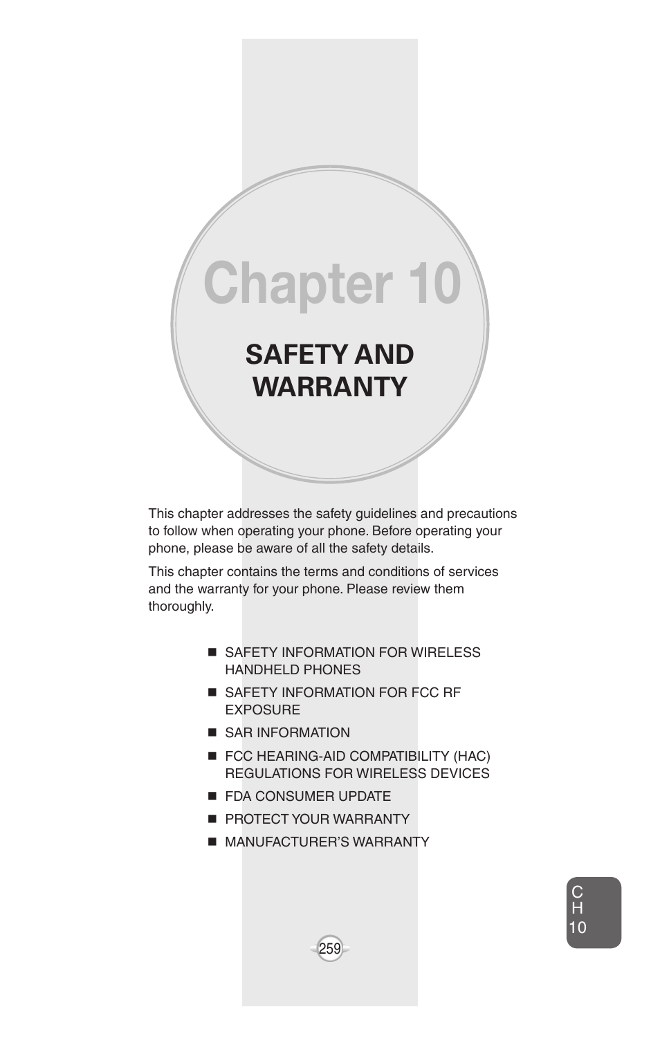 Chapter 10, Safety and warranty | UTStarcom PN-820 User Manual | Page 261 / 282