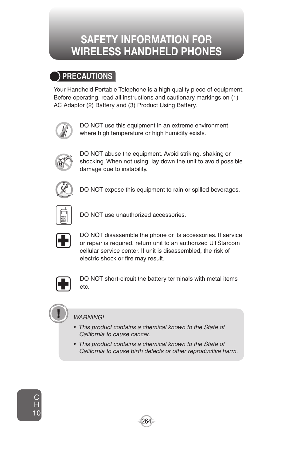 Safety information for wireless handheld phones, Precautions | UTStarcom PN-820 User Manual | Page 266 / 282