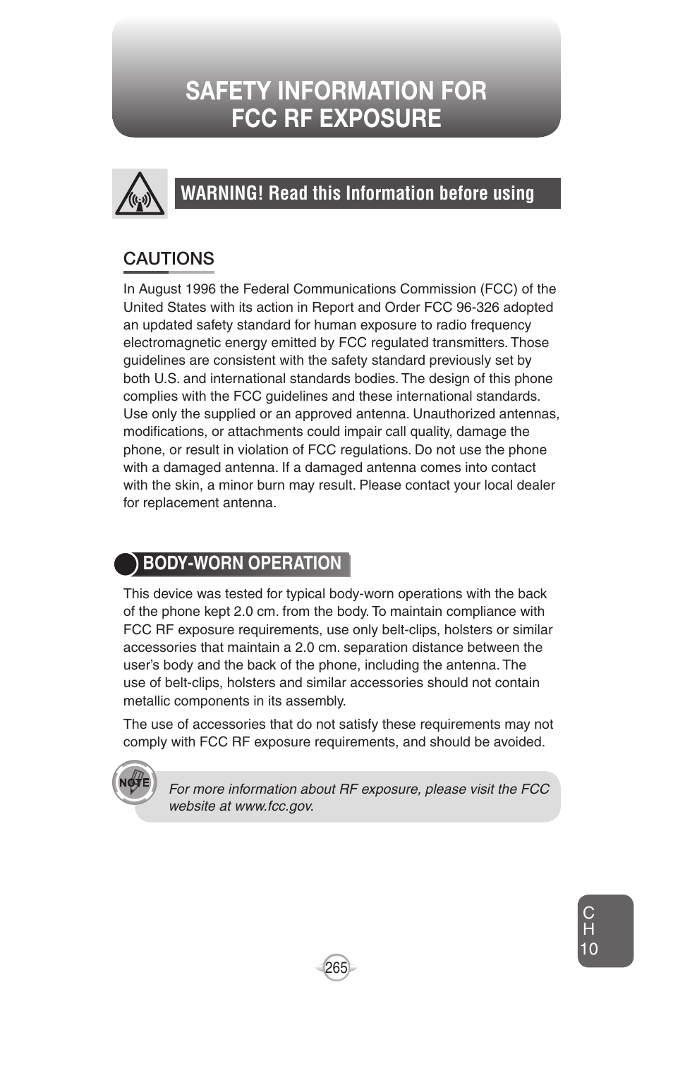Warning! read this information before using, Body-worn operation | UTStarcom PN-820 User Manual | Page 267 / 282