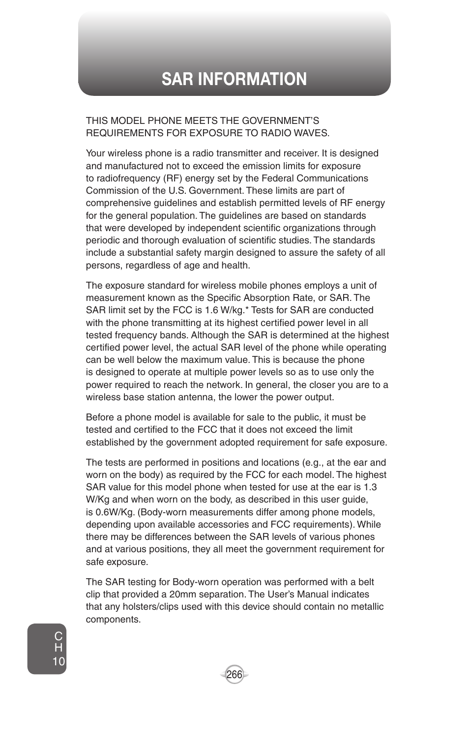 Sar information | UTStarcom PN-820 User Manual | Page 268 / 282