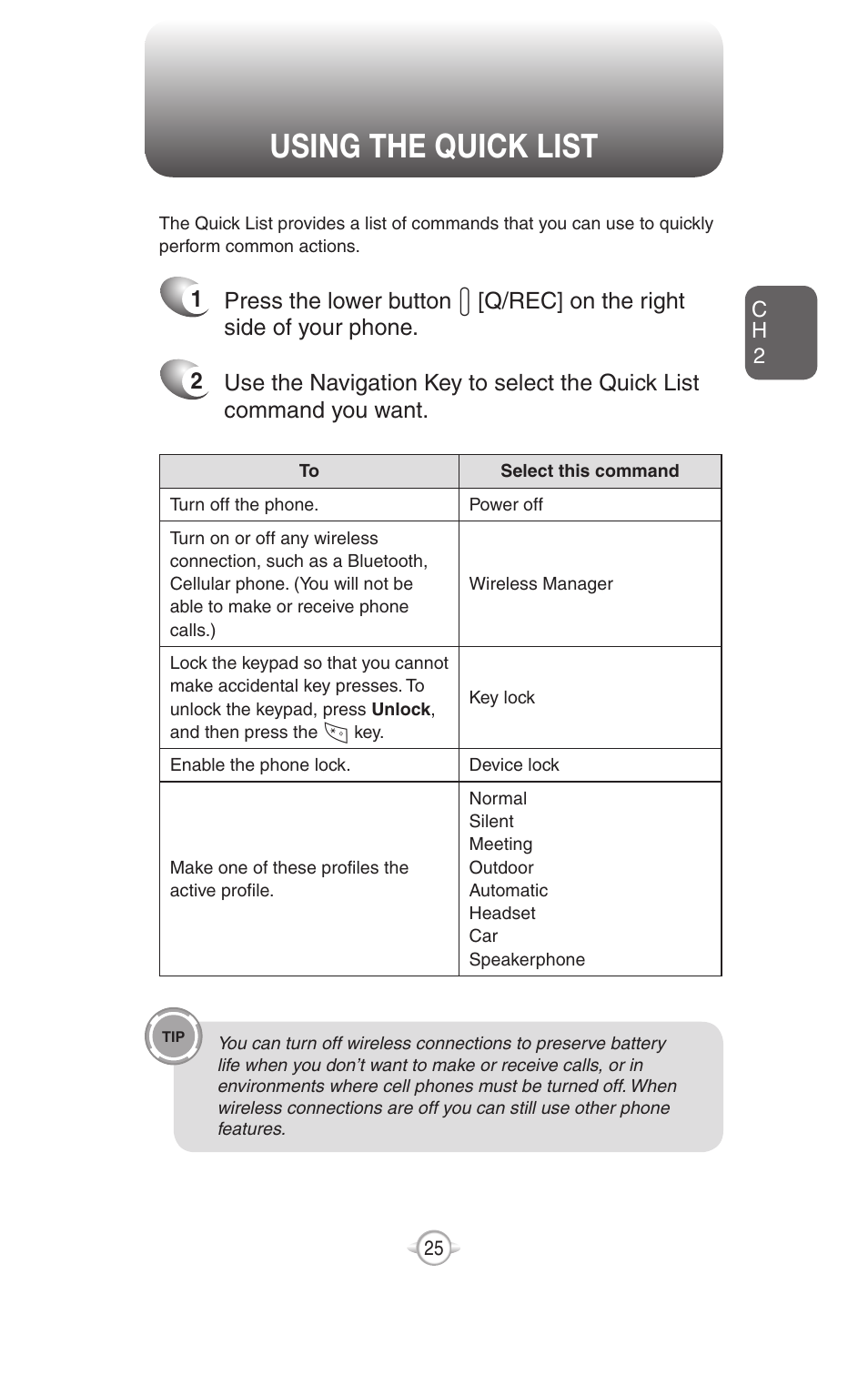 Using the quick list, Turning the phone on/off | UTStarcom PN-820 User Manual | Page 27 / 282
