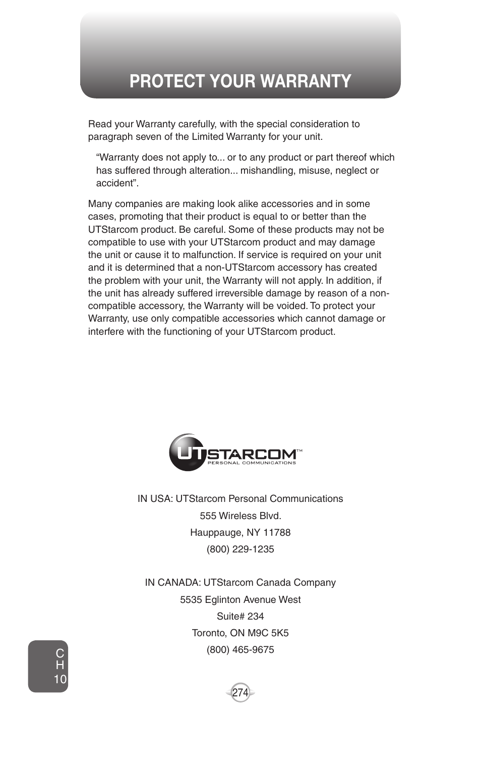 Protect your warranty, Manufacturer’s warranty | UTStarcom PN-820 User Manual | Page 276 / 282