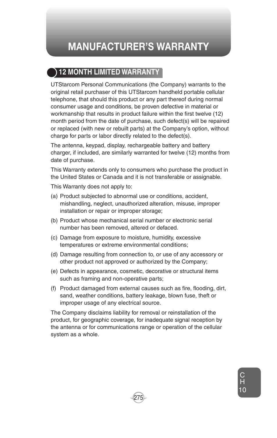 Manufacturer’s warranty, 12 month limited warranty | UTStarcom PN-820 User Manual | Page 277 / 282
