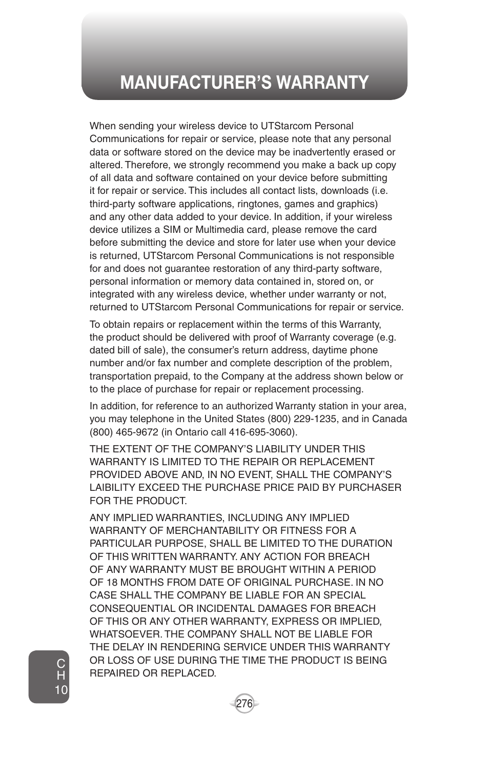 Manufacturer’s warranty | UTStarcom PN-820 User Manual | Page 278 / 282