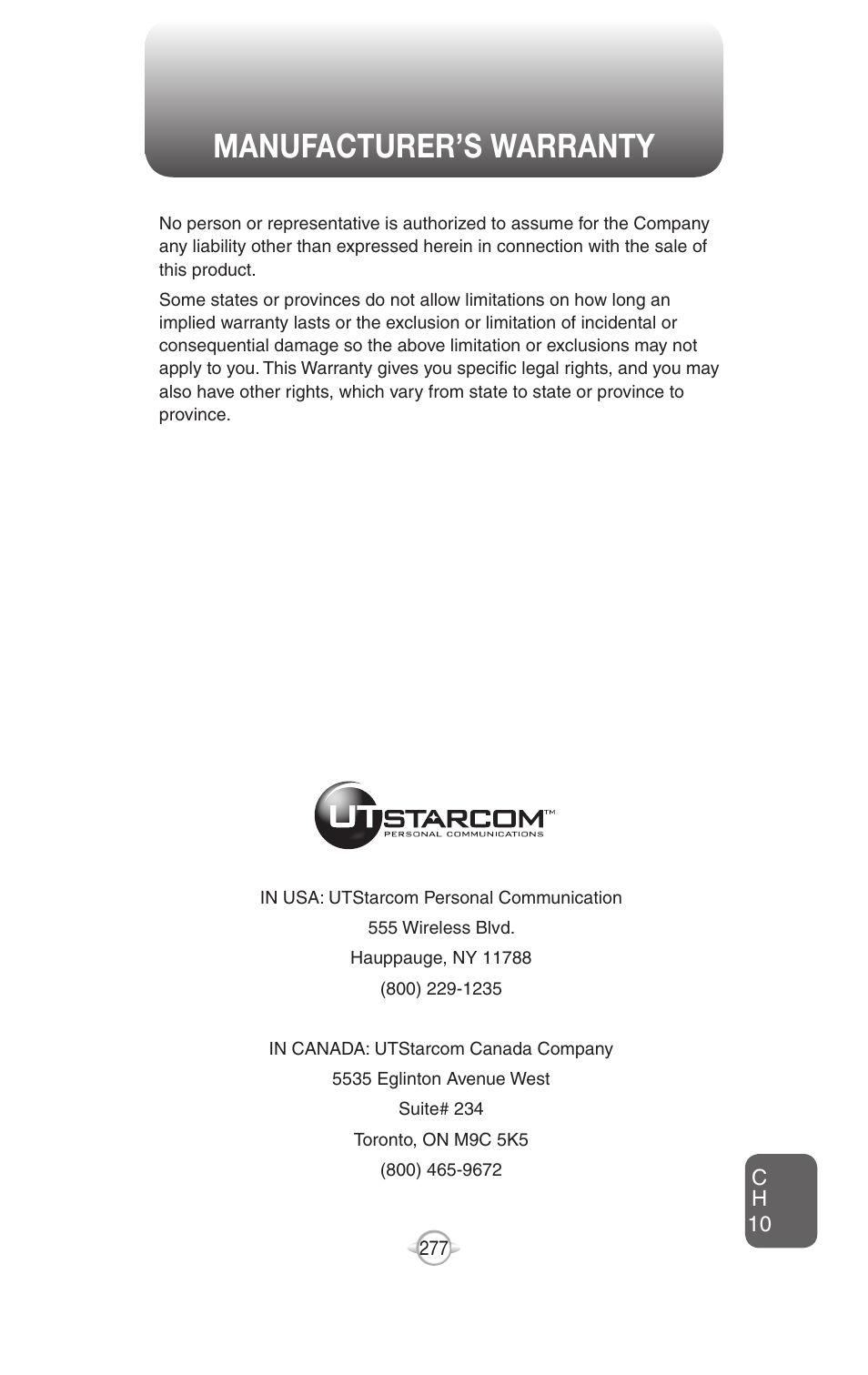 Manufacturer’s warranty | UTStarcom PN-820 User Manual | Page 279 / 282