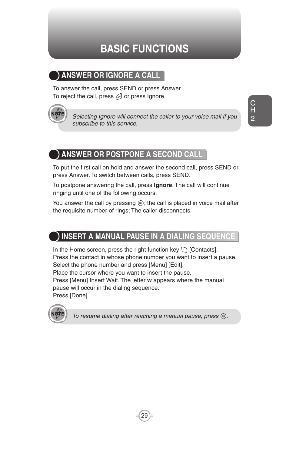 Basic functions, Answer or ignore a call, Answer or postpone a second call | Insert a manual pause in a dialing sequence | UTStarcom PN-820 User Manual | Page 31 / 282