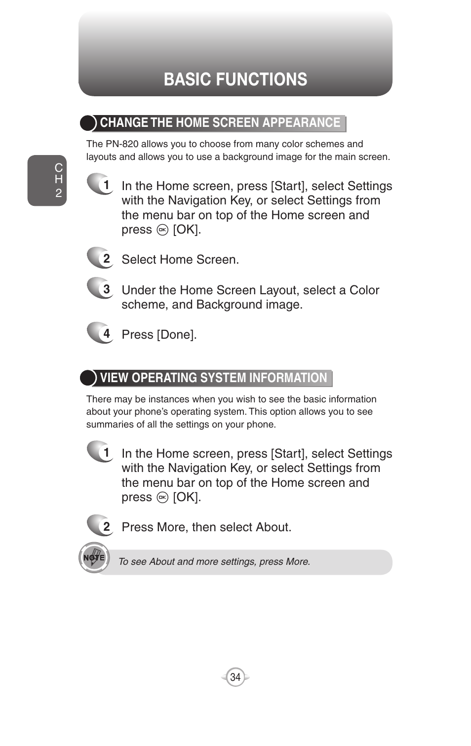 Basic functions | UTStarcom PN-820 User Manual | Page 36 / 282