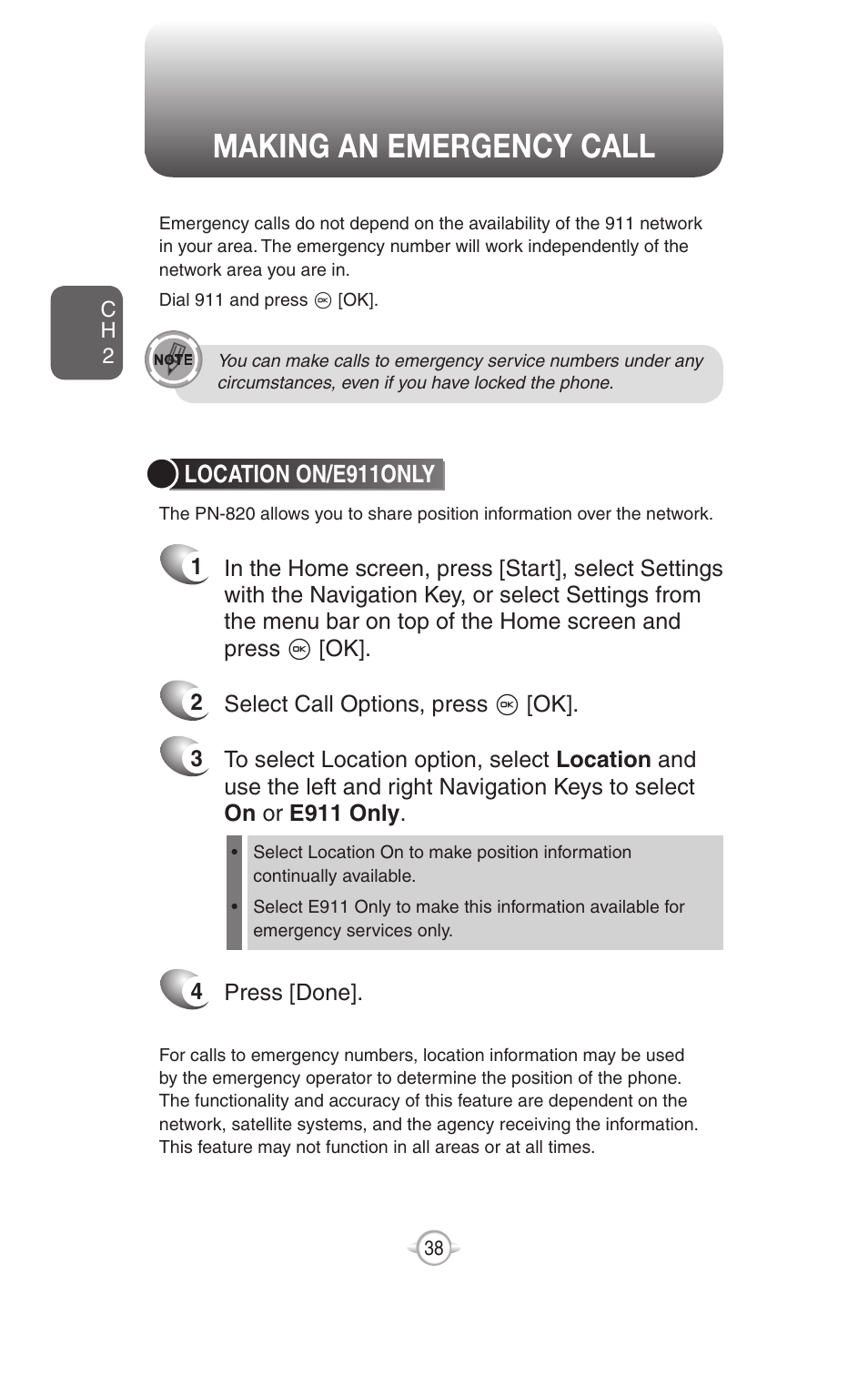 Making an emergency call, Location on/e911only | UTStarcom PN-820 User Manual | Page 40 / 282
