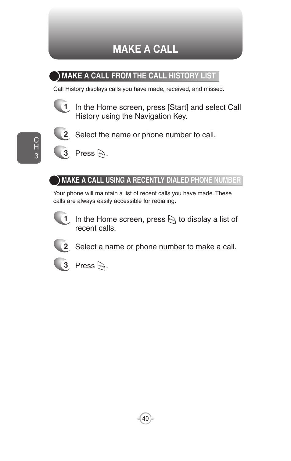Entering text and numbers, Make a call, Change between uppercase, lowercase, and caps lock | Change the multipress timeout, Make a call from the call history list, Make a call using a recently dialed phone number | UTStarcom PN-820 User Manual | Page 42 / 282