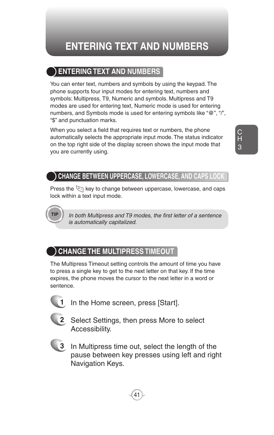 Entering text and numbers, Make a call, Change between uppercase, lowercase, and caps lock | Change the multipress timeout | UTStarcom PN-820 User Manual | Page 43 / 282