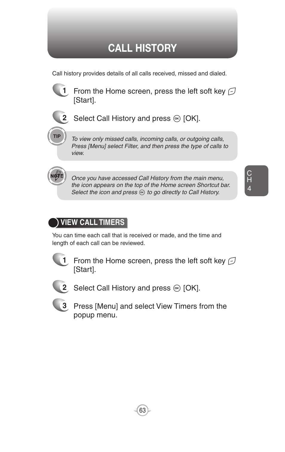 Call history, View call timers | UTStarcom PN-820 User Manual | Page 65 / 282