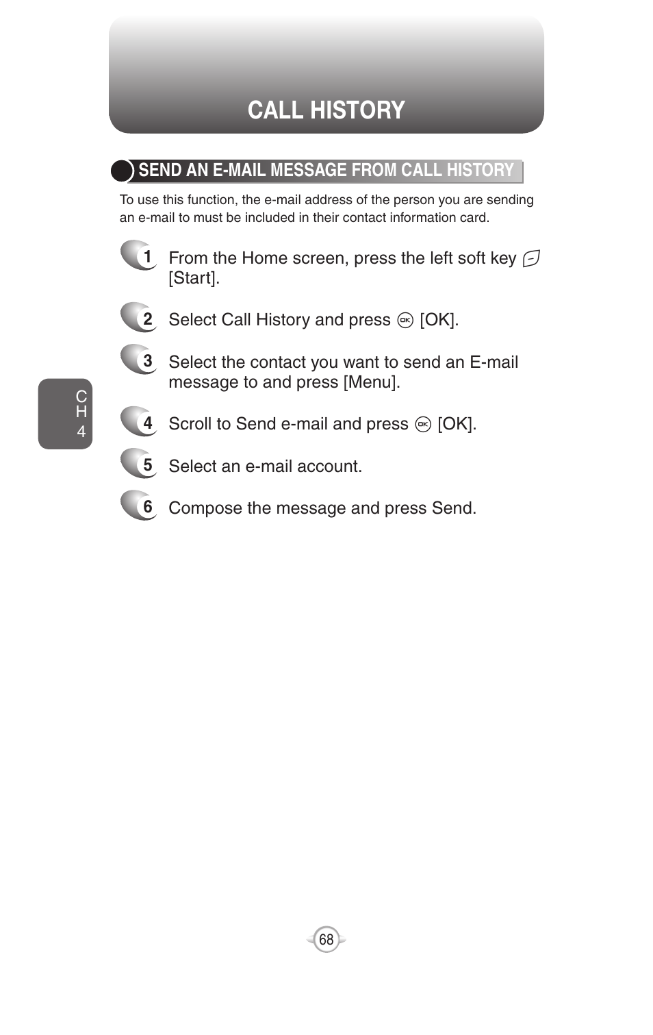 Settings, Call history, Accessibility settings | Send an e-mail message from call history | UTStarcom PN-820 User Manual | Page 70 / 282