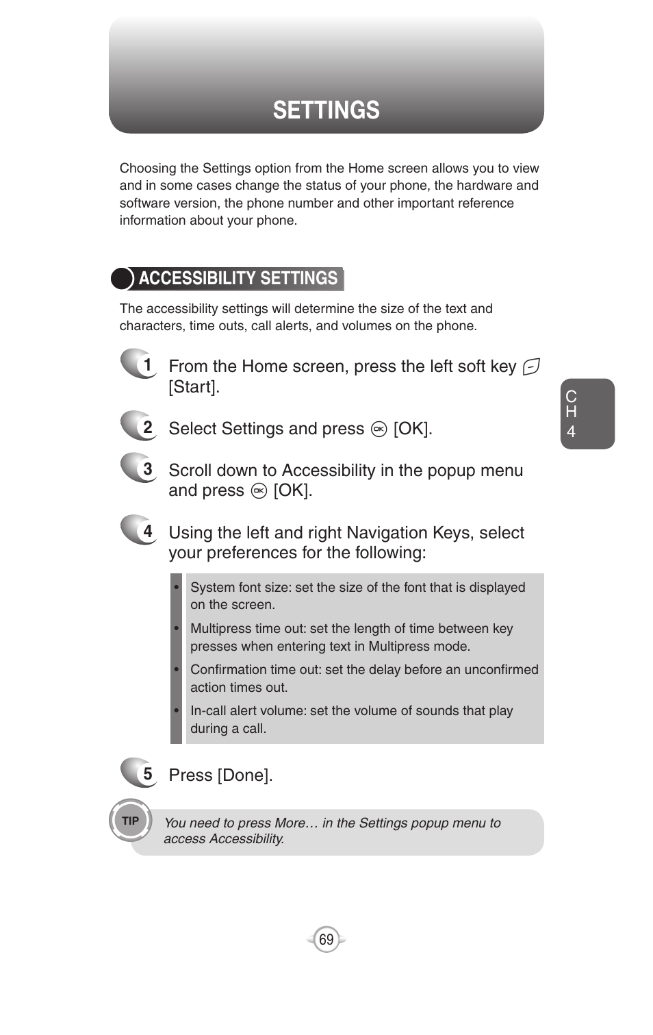 Settings, Accessibility settings, 5 press [done | UTStarcom PN-820 User Manual | Page 71 / 282