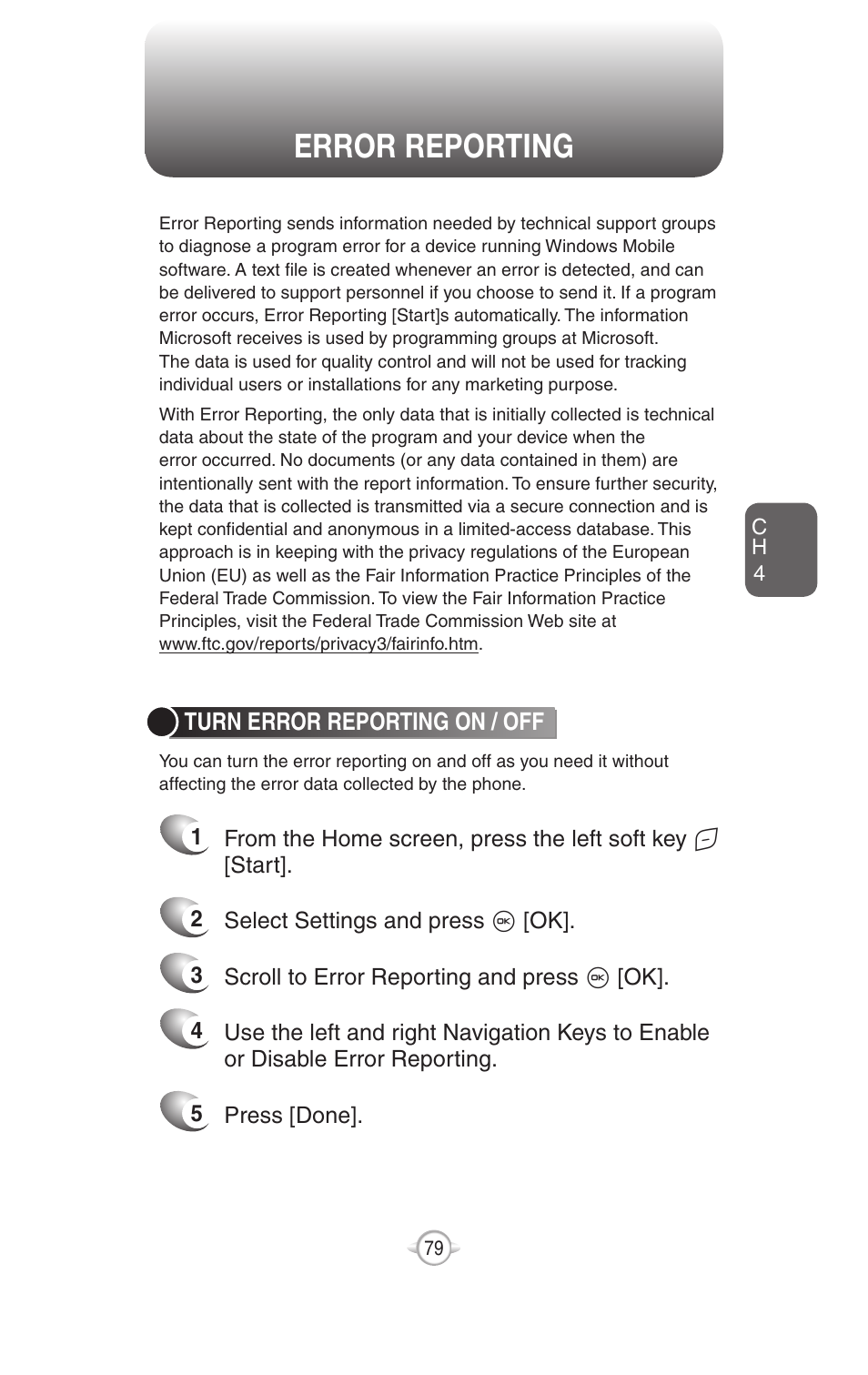 Error reporting, Turn error reporting on / off | UTStarcom PN-820 User Manual | Page 81 / 282