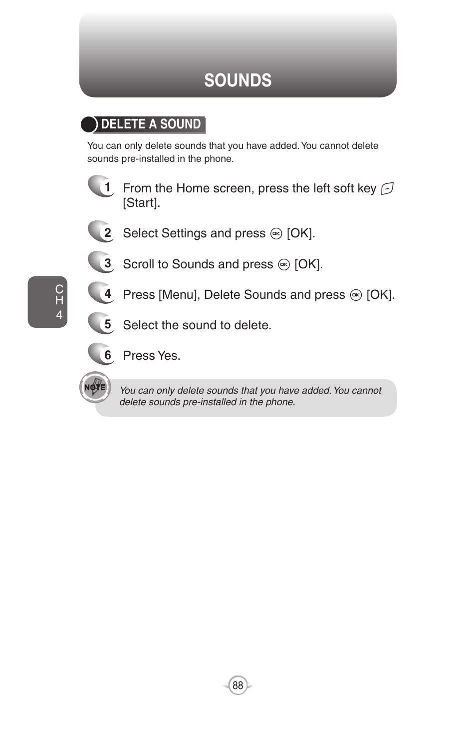 Sounds, Copy a sound from your pc to your phone, Delete a sound | UTStarcom PN-820 User Manual | Page 90 / 282