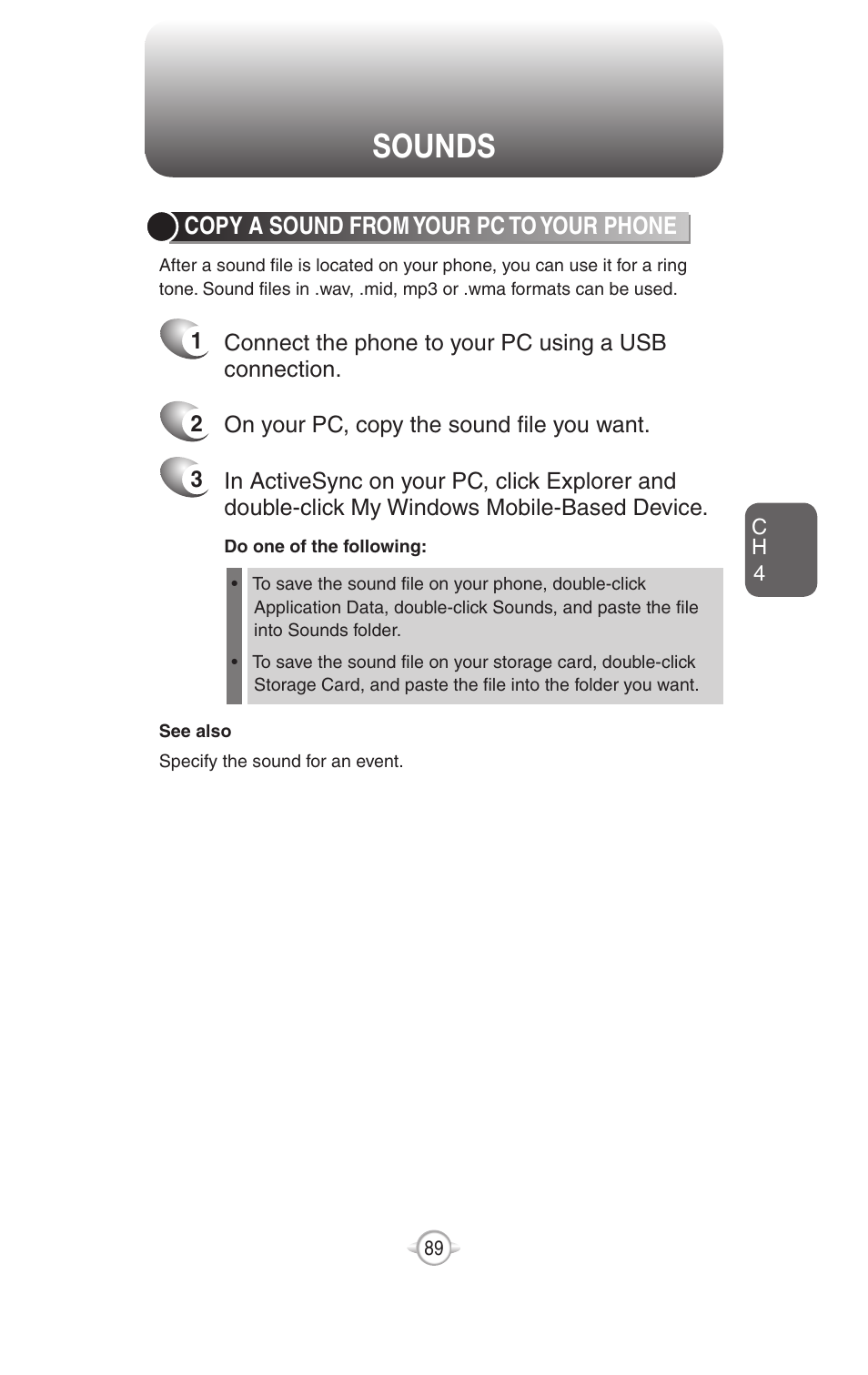 Sounds, Copy a sound from your pc to your phone | UTStarcom PN-820 User Manual | Page 91 / 282