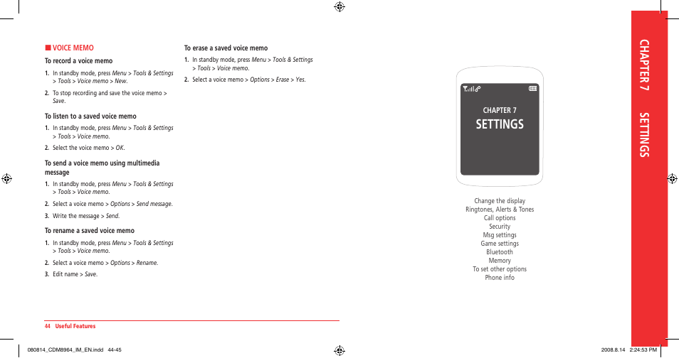 Settings, Chapter 7 settings | UTStarcom Shuttle CDM8964VM User Manual | Page 24 / 39