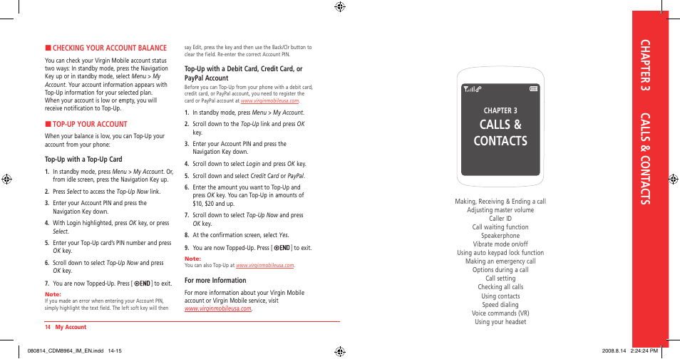 Calls & contacts, Chapter 3 calls & cont acts | UTStarcom Shuttle CDM8964VM User Manual | Page 9 / 39