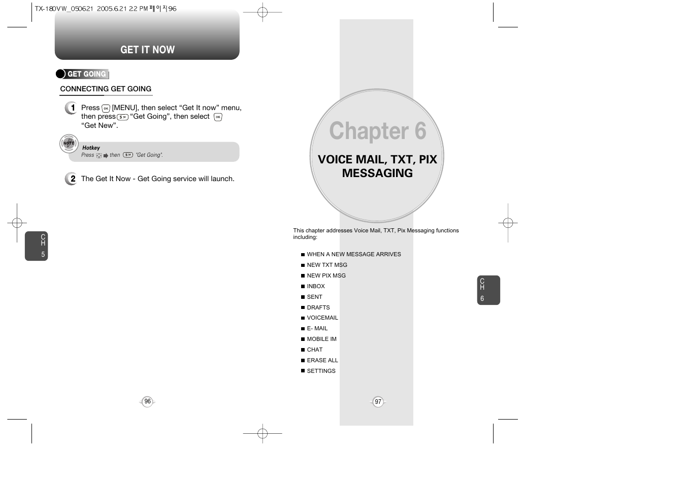 Chapter 6, Voice mail, txt, pix messaging, Get it now | UTStarcom CDM 1080 User Manual | Page 50 / 63