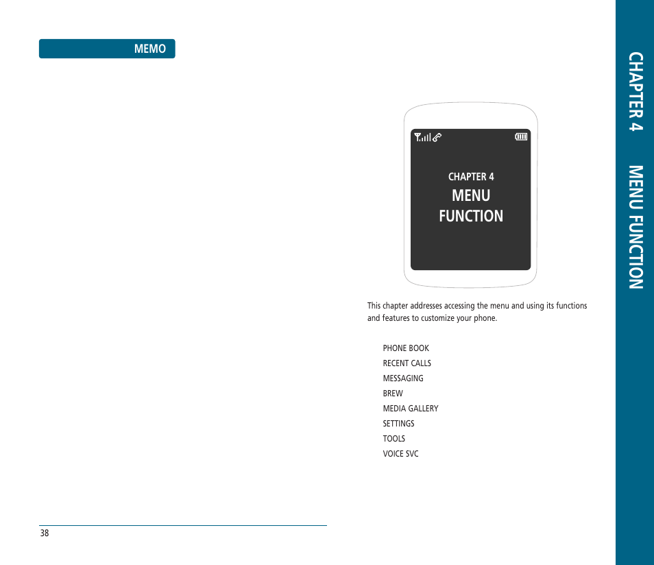 Chapter 4 menu function, Menu function | UTStarcom CDM-8625 User Manual | Page 21 / 69