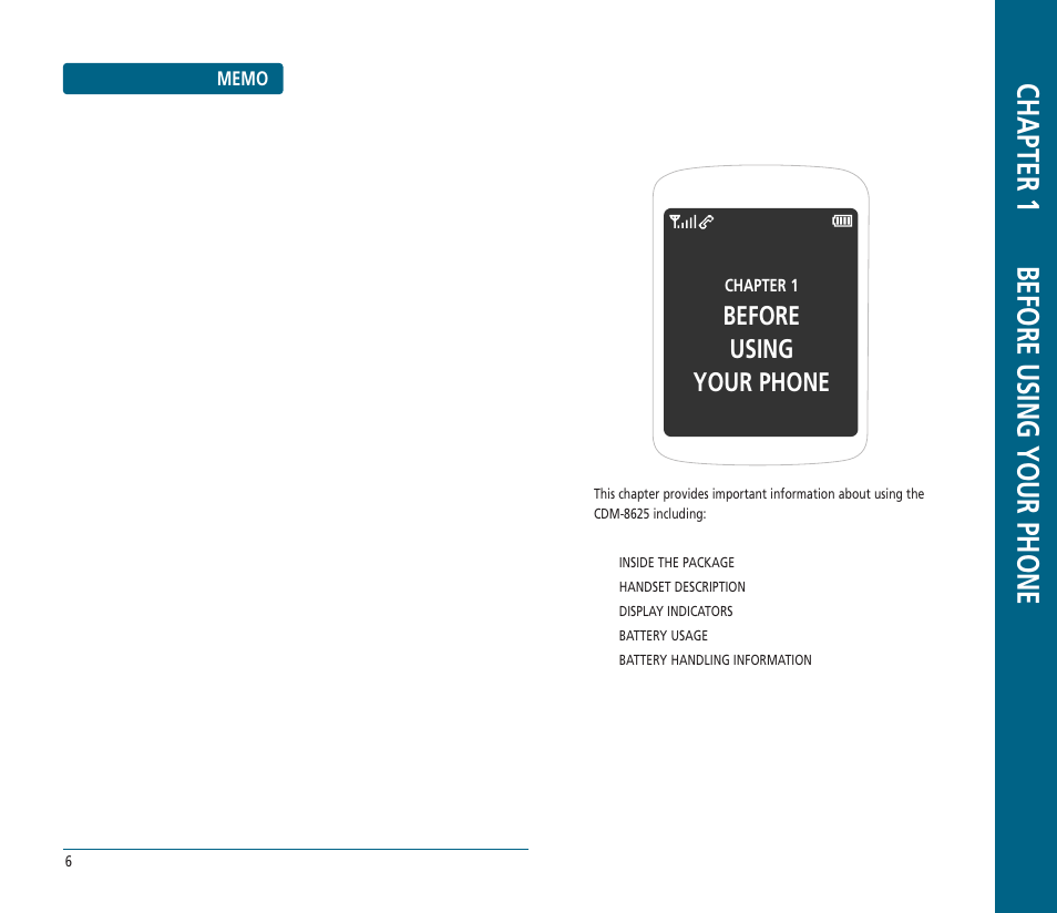 Chapter 1 before using your phone, Before using your phone | UTStarcom CDM-8625 User Manual | Page 5 / 69