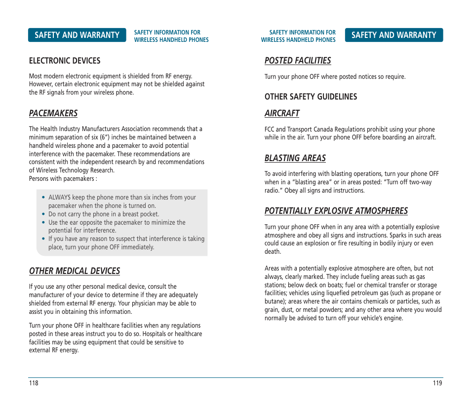 Posted facilities, Aircraft, Blasting areas | Potentially explosive atmospheres, Pacemakers, Other medical devices | UTStarcom CDM-8625 User Manual | Page 61 / 69