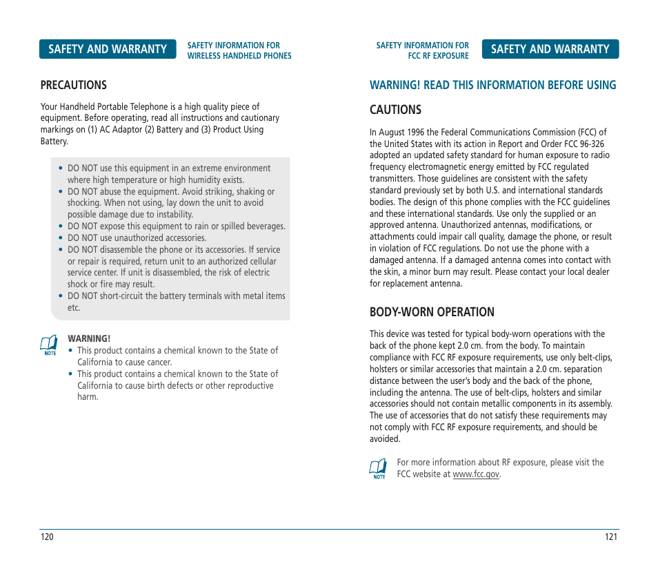 Cautions, Body-worn operation | UTStarcom CDM-8625 User Manual | Page 62 / 69
