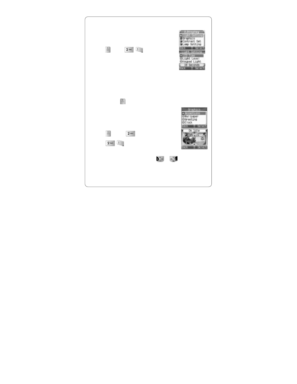 Display, Ight, Etting | Raphics, 1 animations, 1 light setting, 2 graphics | UTStarcom Handset User Manual | Page 29 / 87