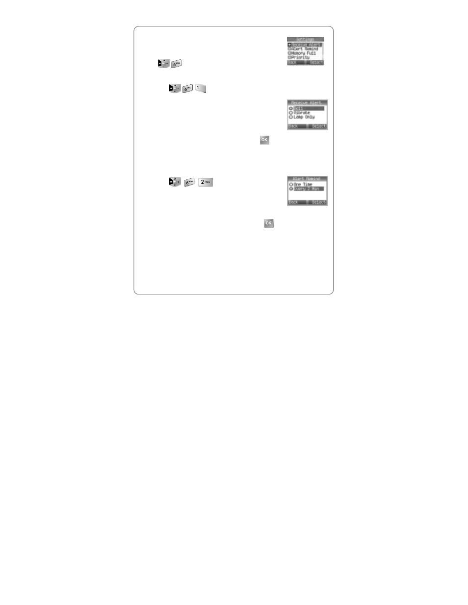 Ettings, 1 receive alert, 2 alert remind | 3 memory full, 6 settings | UTStarcom Handset User Manual | Page 65 / 87