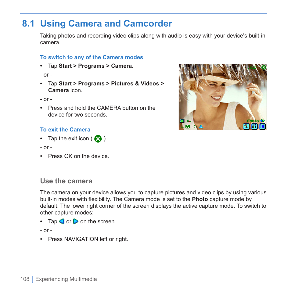 1 getting to know your device and its accessories, 1 using camera and camcorder, Use the camera | UTStarcom PPC-6700 User Manual | Page 109 / 149