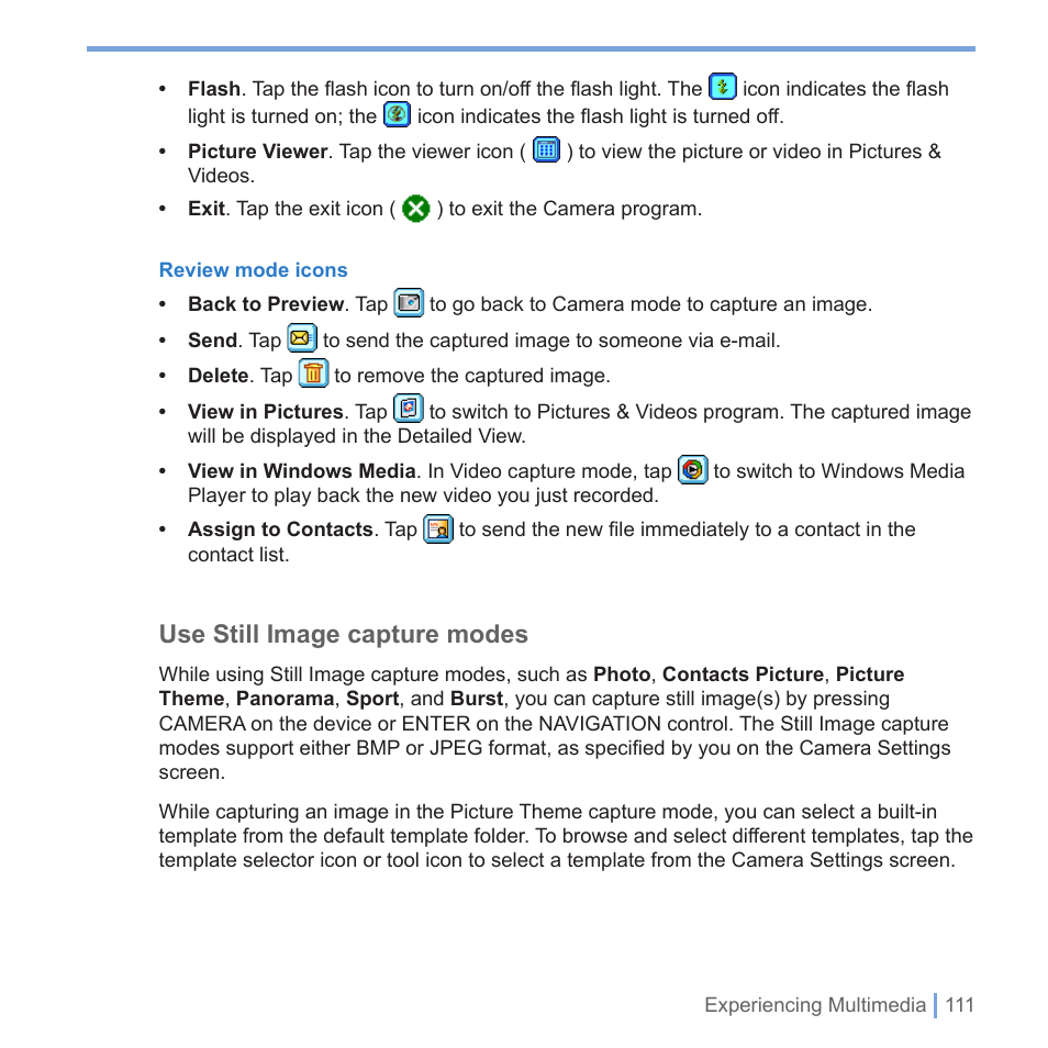 Use still image capture modes | UTStarcom PPC-6700 User Manual | Page 112 / 149