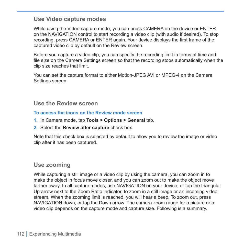 4 starting up, Use video capture modes, Use the review screen | Use zooming | UTStarcom PPC-6700 User Manual | Page 113 / 149